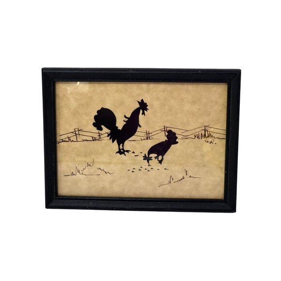 Vintage Rooster Hen Silhouette Farm Art Signed GR Framed Rustic Wall Decor - Picture 16 of 16